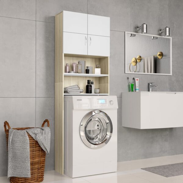 Provira Wasmachinekast 64x25,5x190 cm wit en eikenkleurig