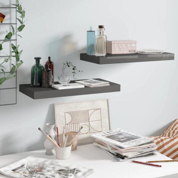 Provira Wandschappen zwevend 2 st 50x23x3,8 cm MDF hoogglans grijs