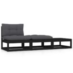 Provira 3-delige Loungeset met kussens massief grenenhout zwart