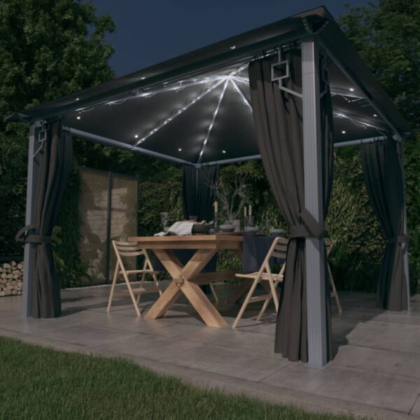 Provira Prieel met gordijn LED-lichtslinger 3x3 m aluminium antraciet