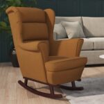 Provira Schommelstoel met massief rubberwood poten fluweel bruin