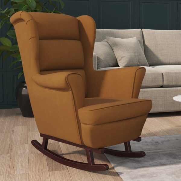 Provira Schommelstoel met massief rubberwood poten fluweel bruin