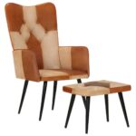 Provira Fauteuil met voetensteun echt leer en canvas bruin