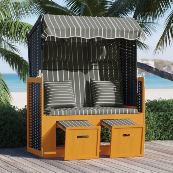 Provira Strandstoel met kussens poly rattan en hout zwart en grijs