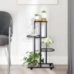 Provira Bloemenstandaard met wielen 4-laags 44x23x80 cm ijzer zwart