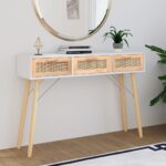 Provira Wandtafel 105x30x75 cm massief grenenhout en natuurlijk rattan