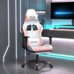Provira Massage gamestoel met voetensteun kunstleer wit en roze