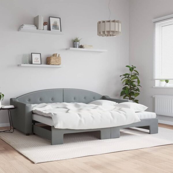 Provira Slaapbank onderschuifbed en matrassen 90x200 cm stof lichtgrijs
